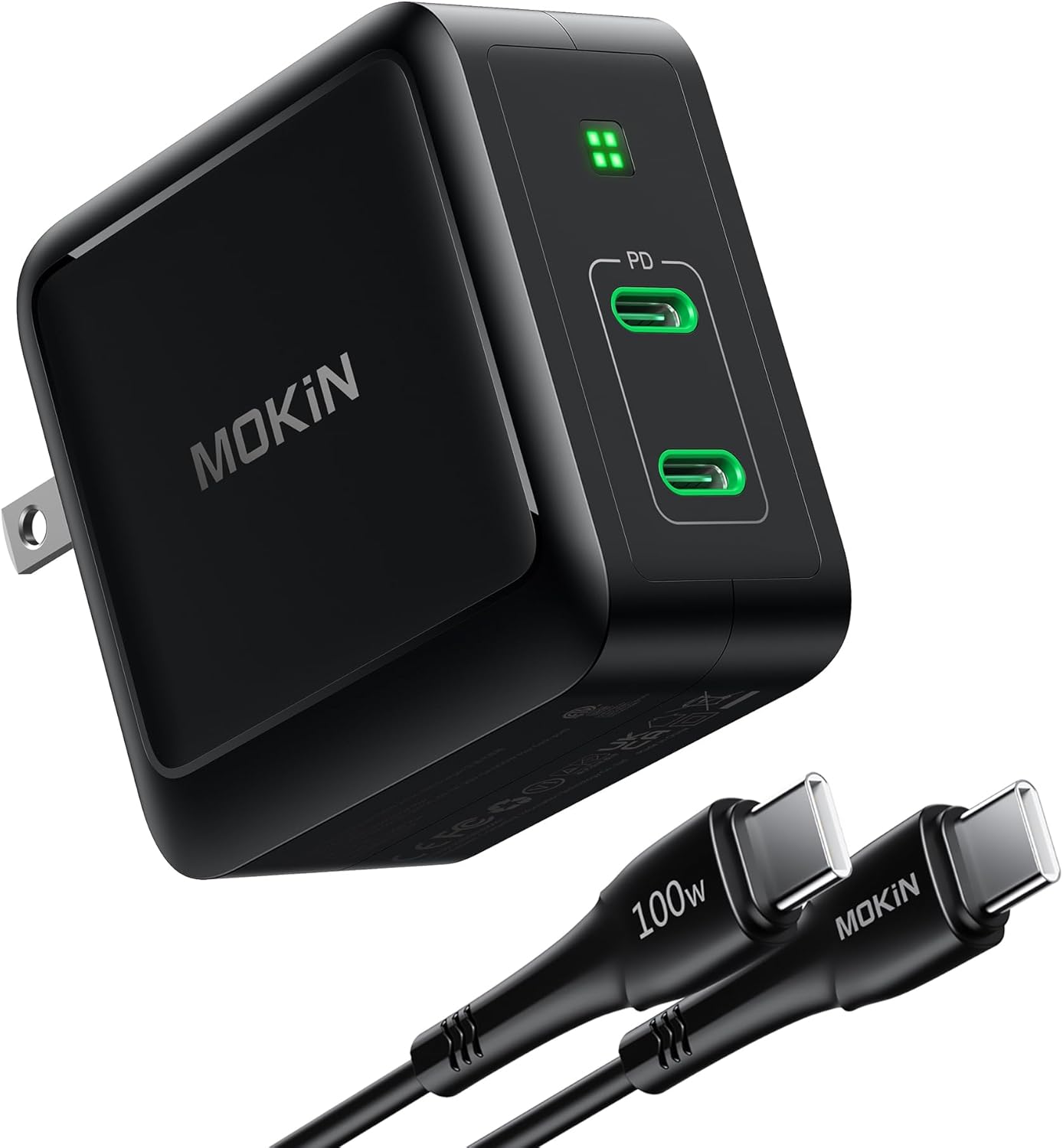 MOKiN 100W USB-C GaN charger with dual ports and LED power display