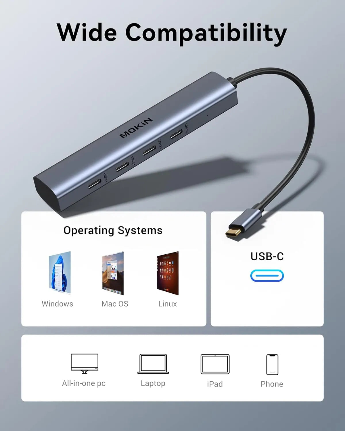Mokin USB C Hub With 10Gbps 4 Ports For Laptop