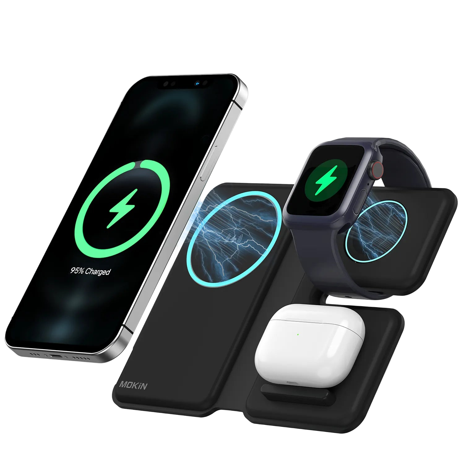 Slim white 3-in-1 magnetic wireless charging station with foldable MagSafe phone pad