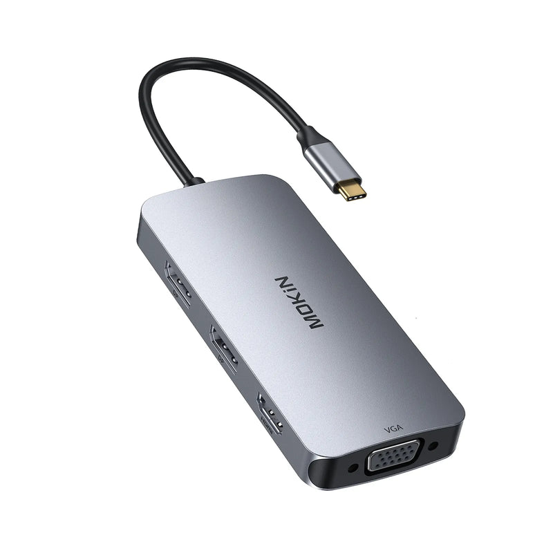 MOKiN 7-in-1 USB C docking station with dual DisplayPort, HDMI, VGA, and 3 USB-A 2.0 ports.