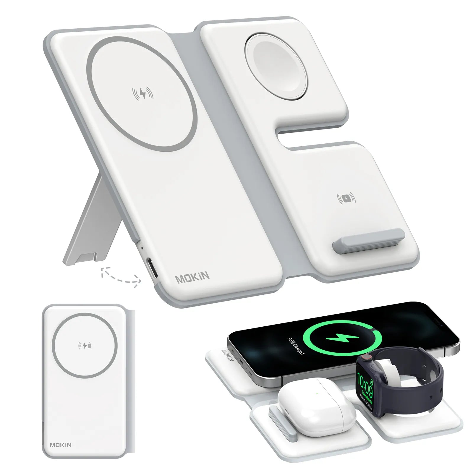 Foldable 3-in-1 magnetic wireless charging station for iPhone, Apple Watch and AirPods