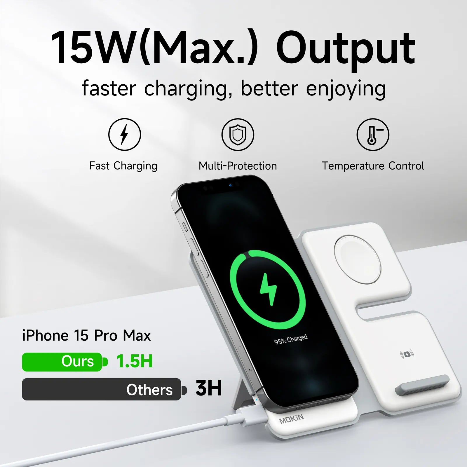 White 3-in-1 magnetic wireless charging station with foldable MagSafe stand for iPhone, Apple Watch and AirPods