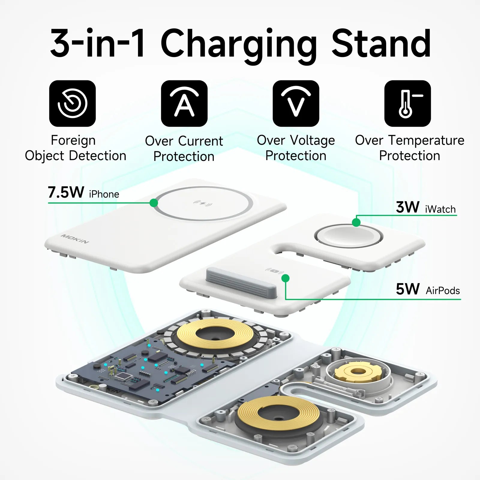 Folded black 3-in-1 magnetic wireless charging station for iPhone, Apple Watch and AirPods