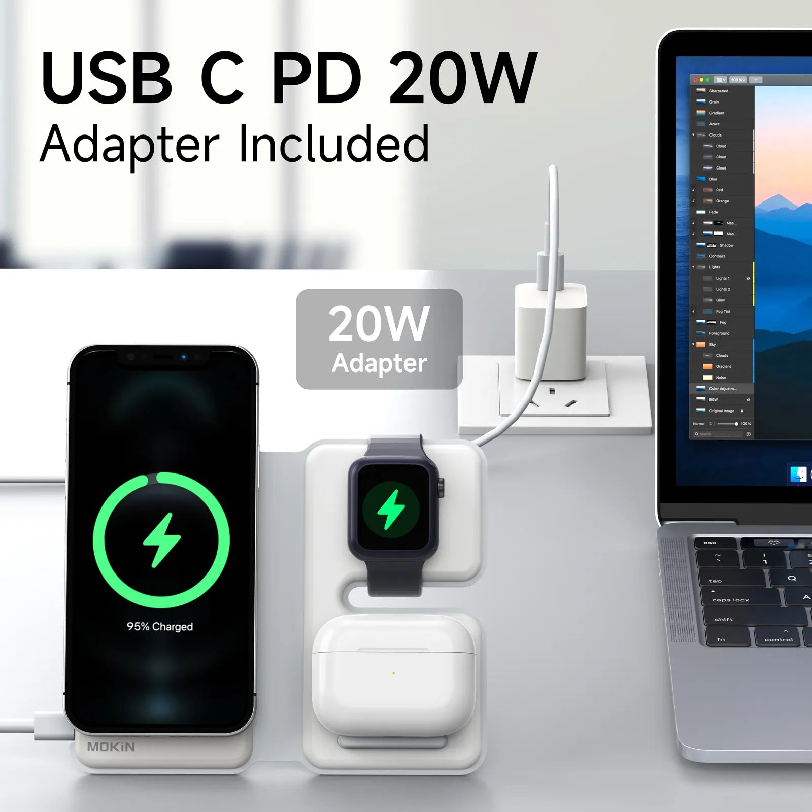 Foldable 3-in-1 magnetic wireless charger for iPhone, Apple Watch and AirPods