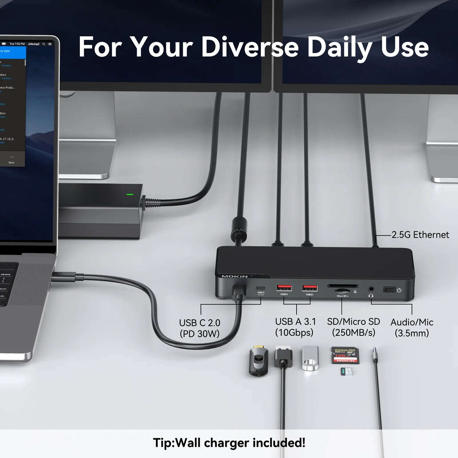 MOKiN Thunderbolt 4 docking station with dual monitor support, multiple ports, and 85W charging