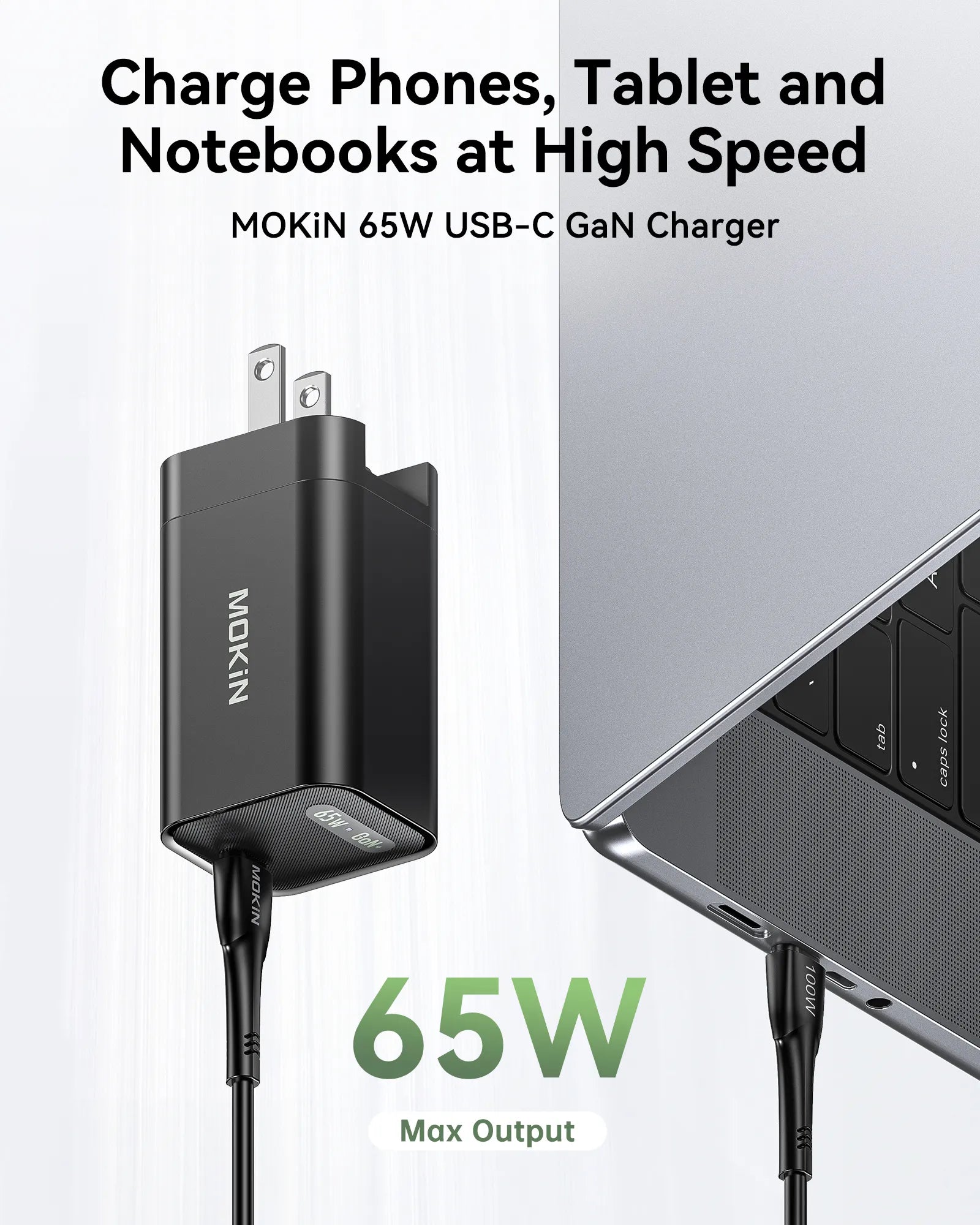 MOKiN GaN II 65W USB-C charger with foldable plug and compact black design