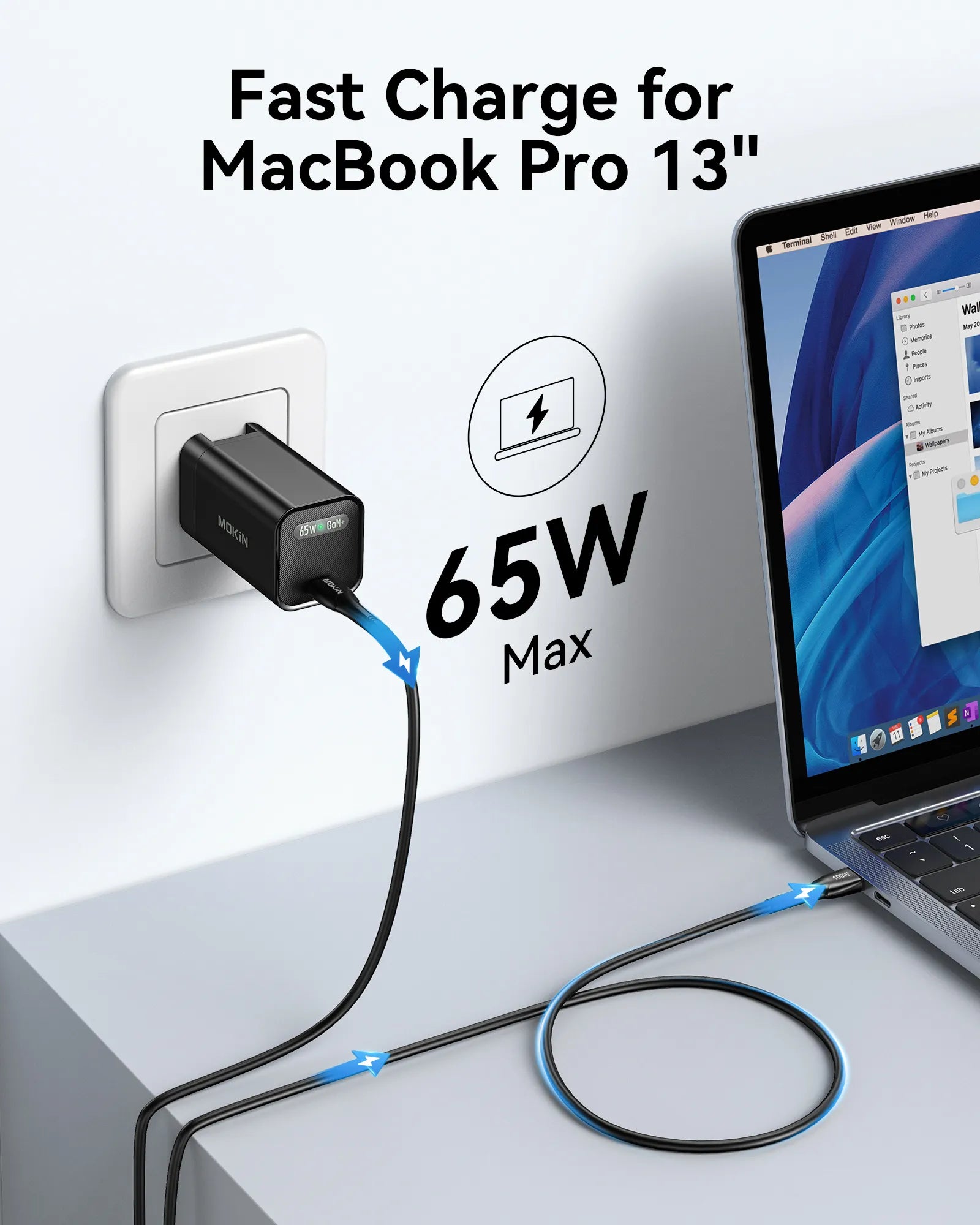 MOKiN GaN II 65W USB-C charger with foldable plug, compact black design