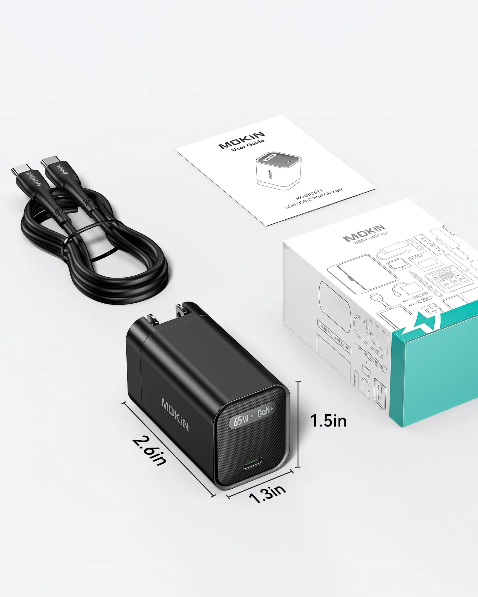MOKiN GaN II 65W USB-C charger with foldable plug and dual USB-C ports