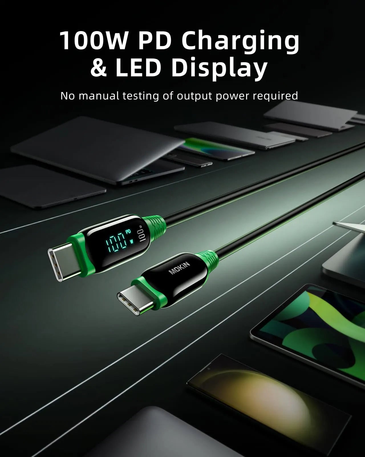 Gray MOKiN 100W USB-C GaN charger with dual ports and LED output display