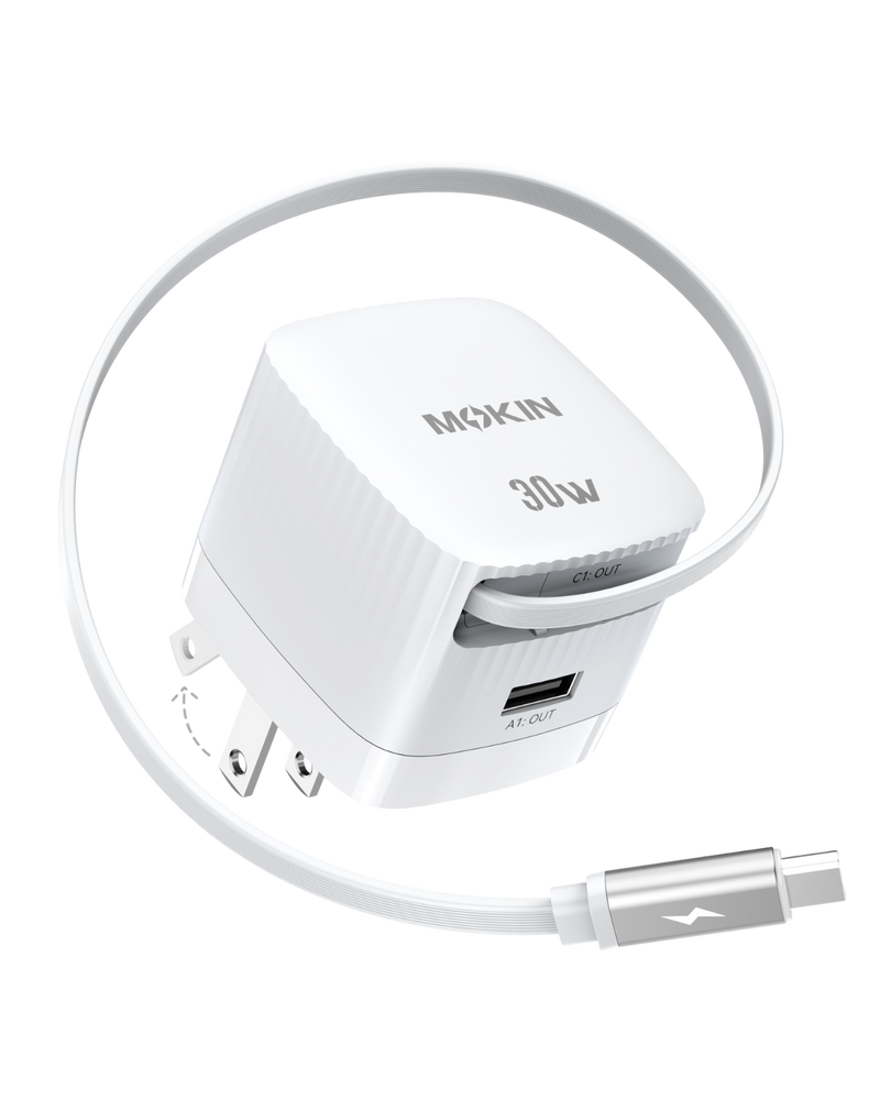 MOKiN 30W foldable GaN charger with retractable USB-C cable, white compact design