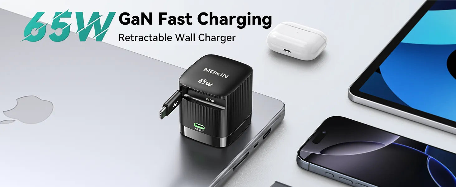 65W GaN Fast Charging Retractable Wall Charger