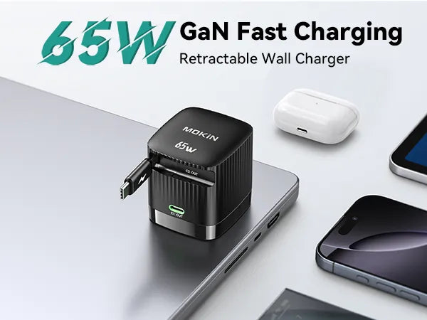 65W GaN Fast Charging Retractable Wall Charger