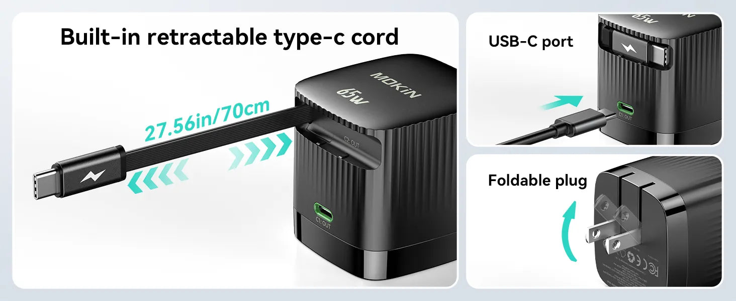 MOKiN Compact 65W Retractable Wall Charger with USB-C Cable
