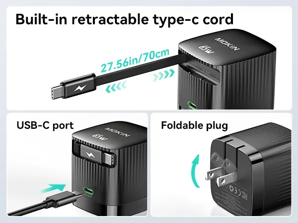 MOKiN Compact 65W Retractable Wall Charger with USB-C Cable