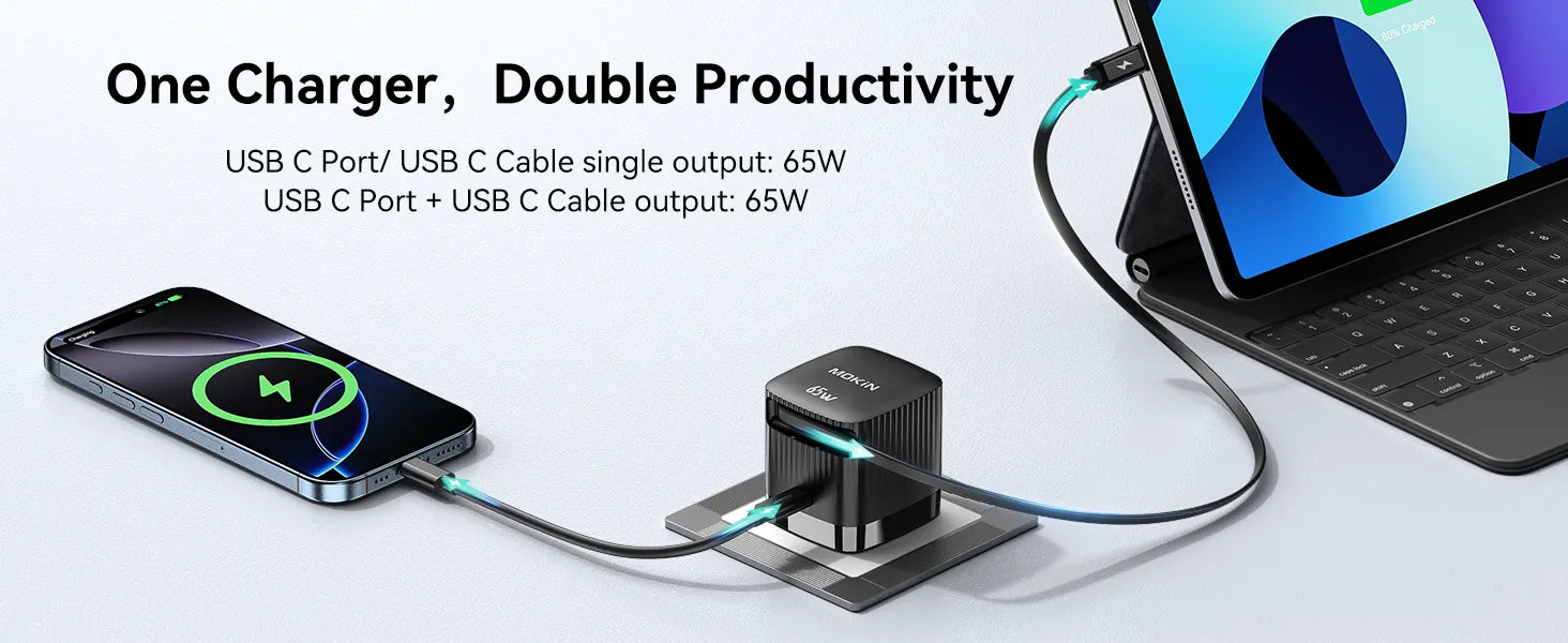 MOKiN Compact 65W Retractable Wall Charger with USB-C Cable