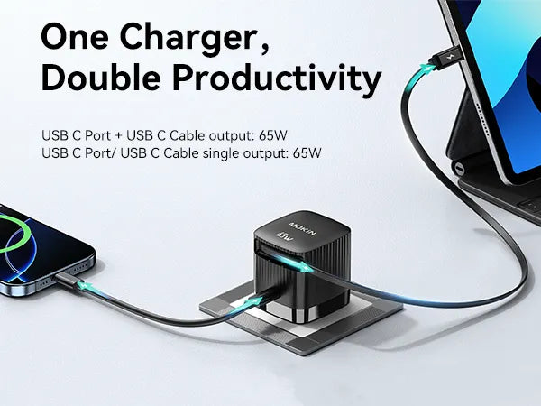 MOKiN Compact 65W Retractable Wall Charger with USB-C Cable