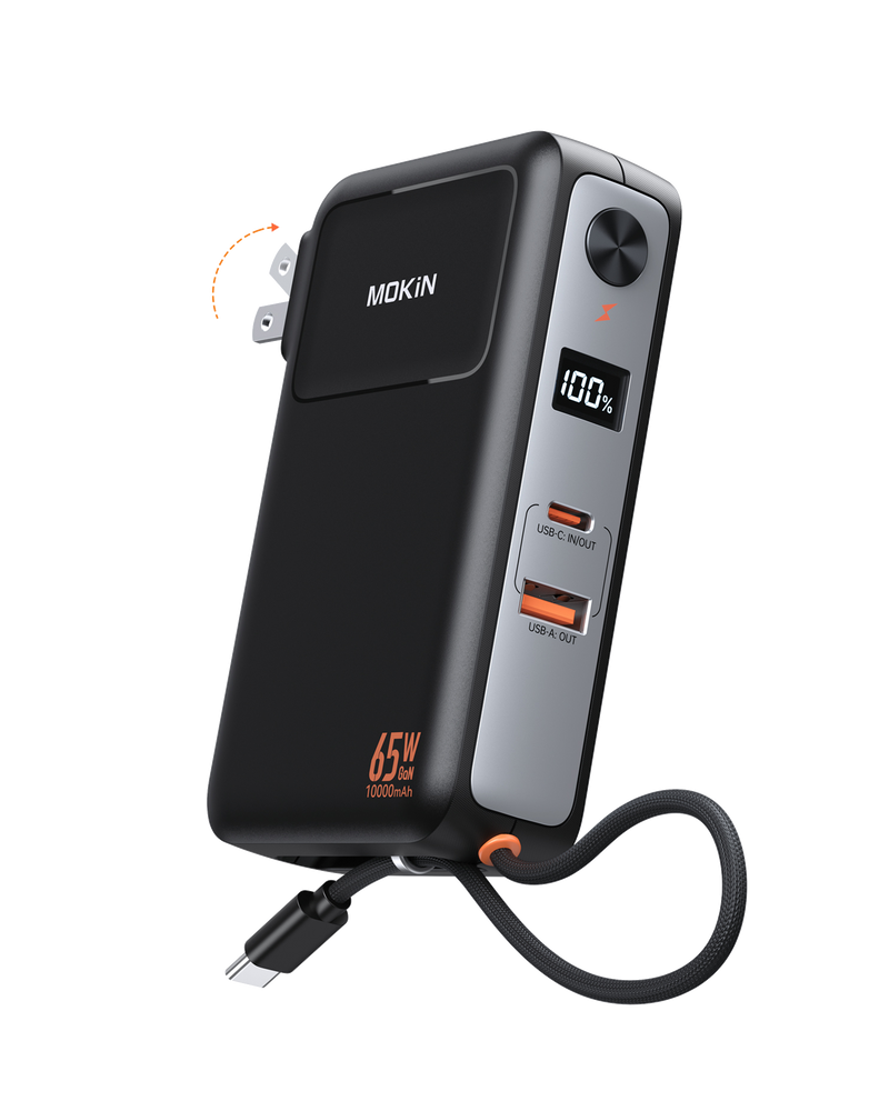 MOKiN Portable Charger with 10000mAh Power Bank (Built-in USB-C Cable) and 65W Wall Charger