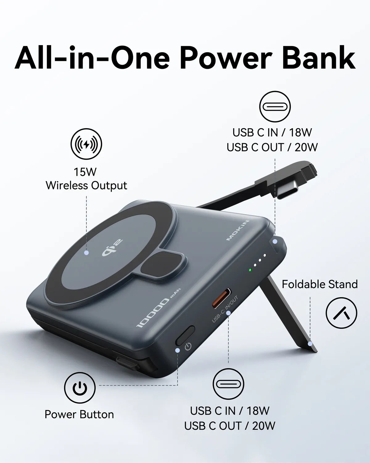 MOKiN 10000mAh Magnetic Power Bank with 15W Qi2 Wireless Charging, Built-in USB-C Cable for iPhone
