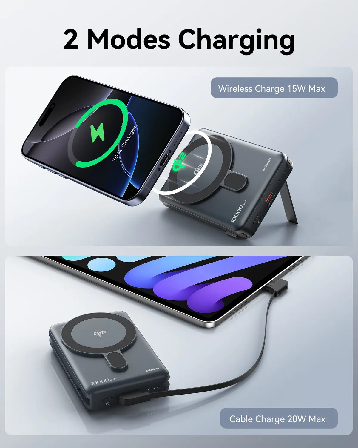 MOKiN 10000mAh Magnetic Power Bank with 15W Qi2 Wireless Charging, Built-in USB-C Cable for iPhone