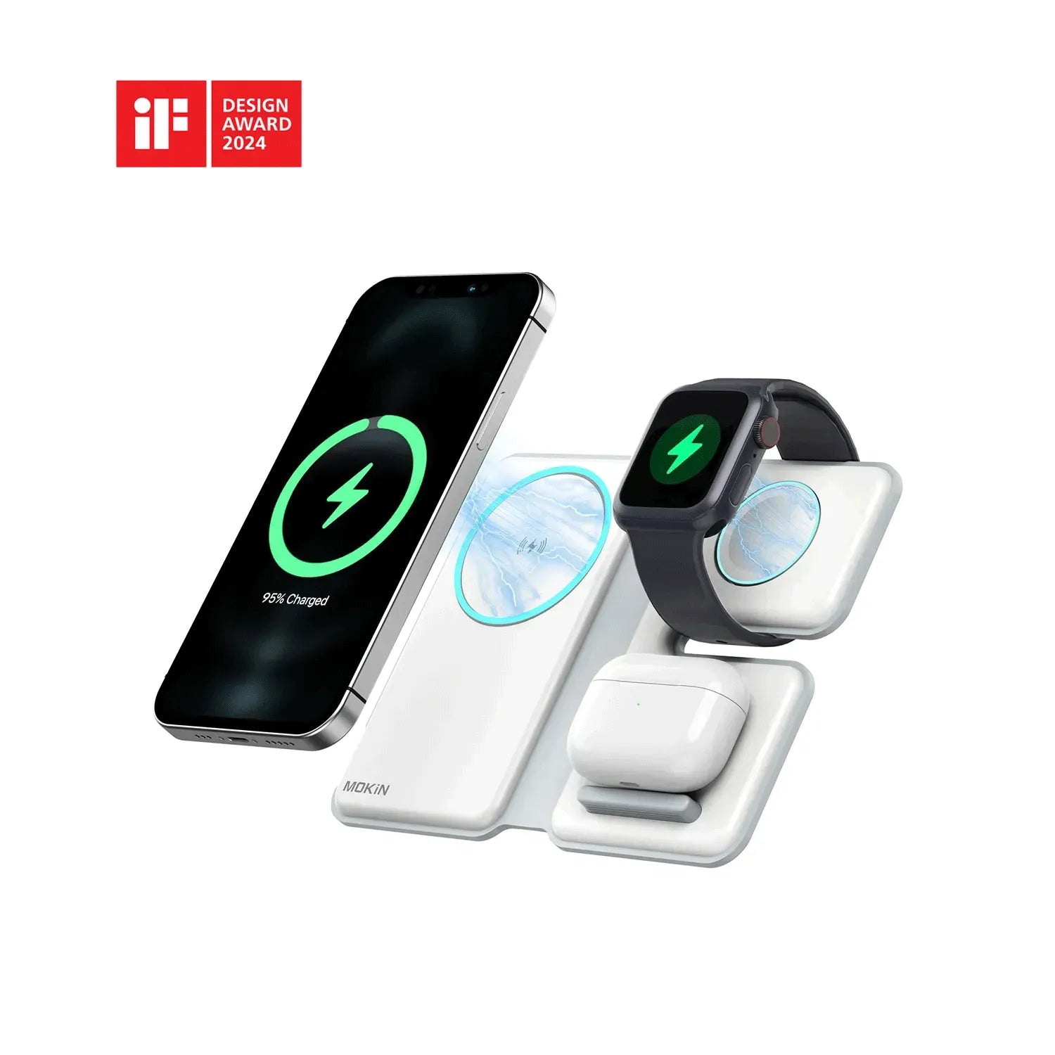 White foldable 3-in-1 magnetic wireless charging station for iPhone, Apple Watch and AirPods