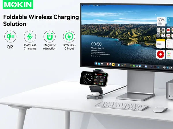 MOKiN Foldable 3-in-1 Qi2 Magnetic Wireless Charger for iPhone
