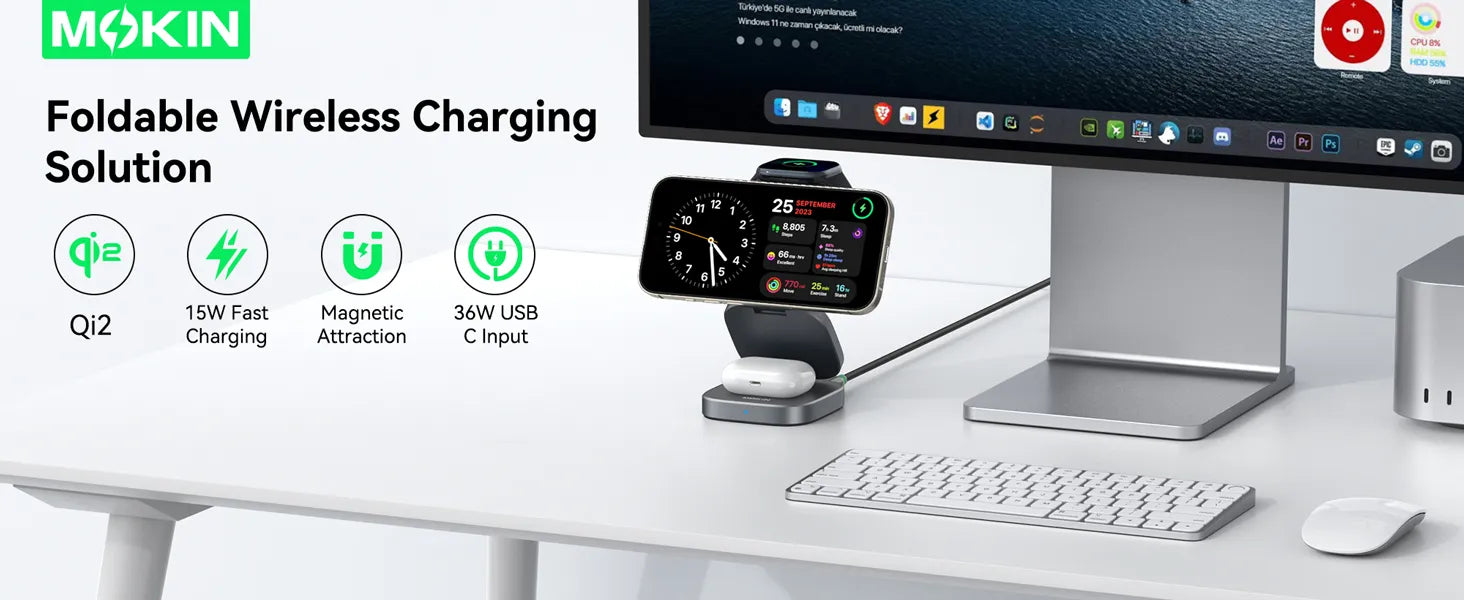 MOKiN Foldable 3-in-1 Qi2 Magnetic Wireless Charger for iPhone