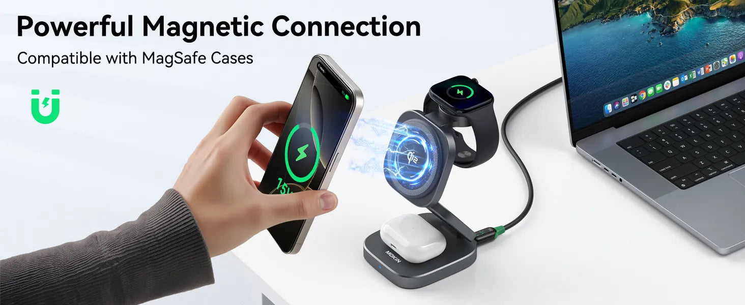 MOKiN Foldable 3-in-1 Qi2 Magnetic Wireless Charger for iPhone