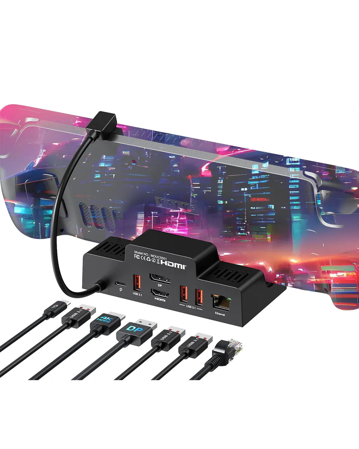 Black 7-in-1 docking station for Steam Deck and ROG Ally with HDMI, USB and card slots