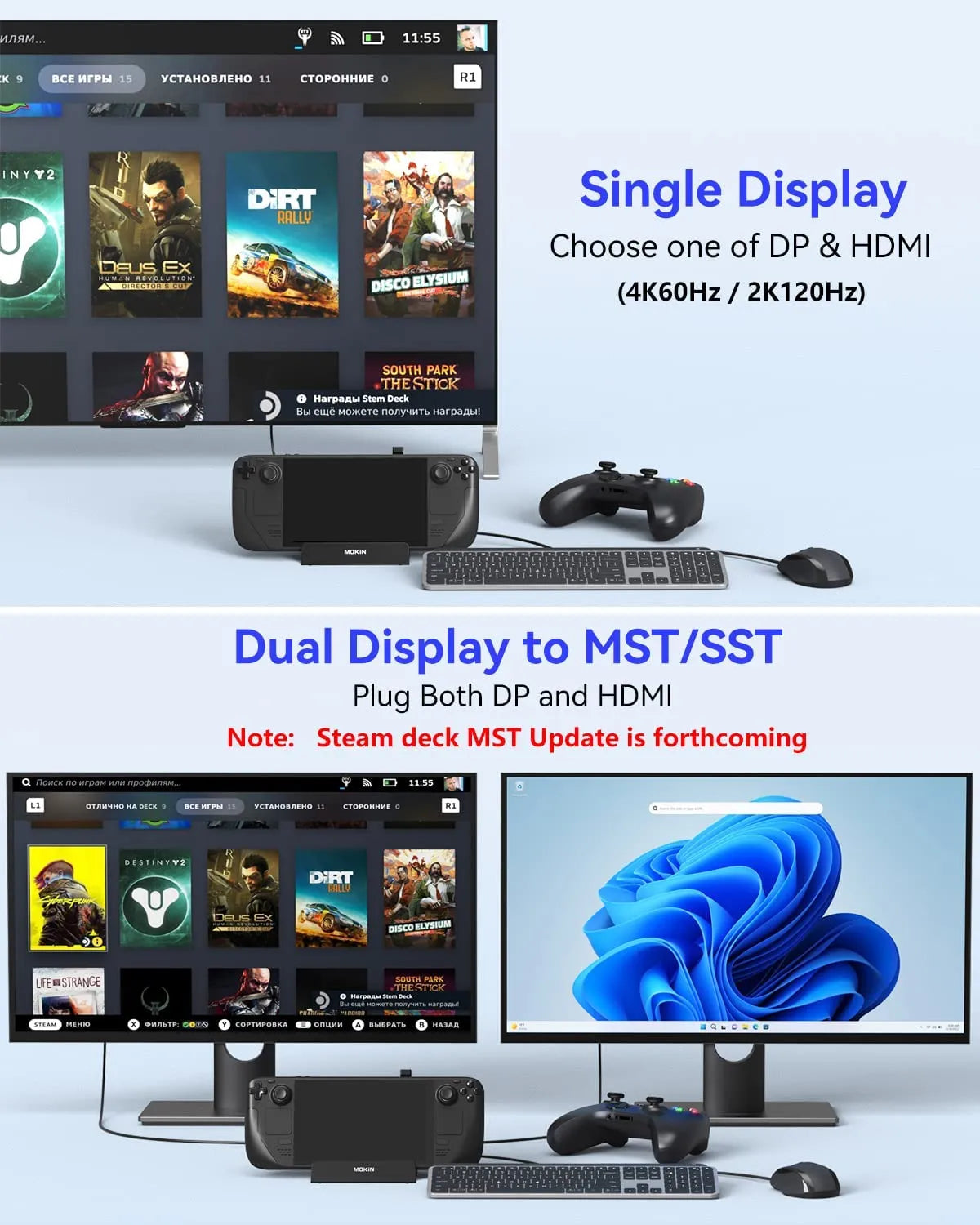 7-in-1 docking station for Steam Deck and ROG Ally with USB-C cable and multiple ports
