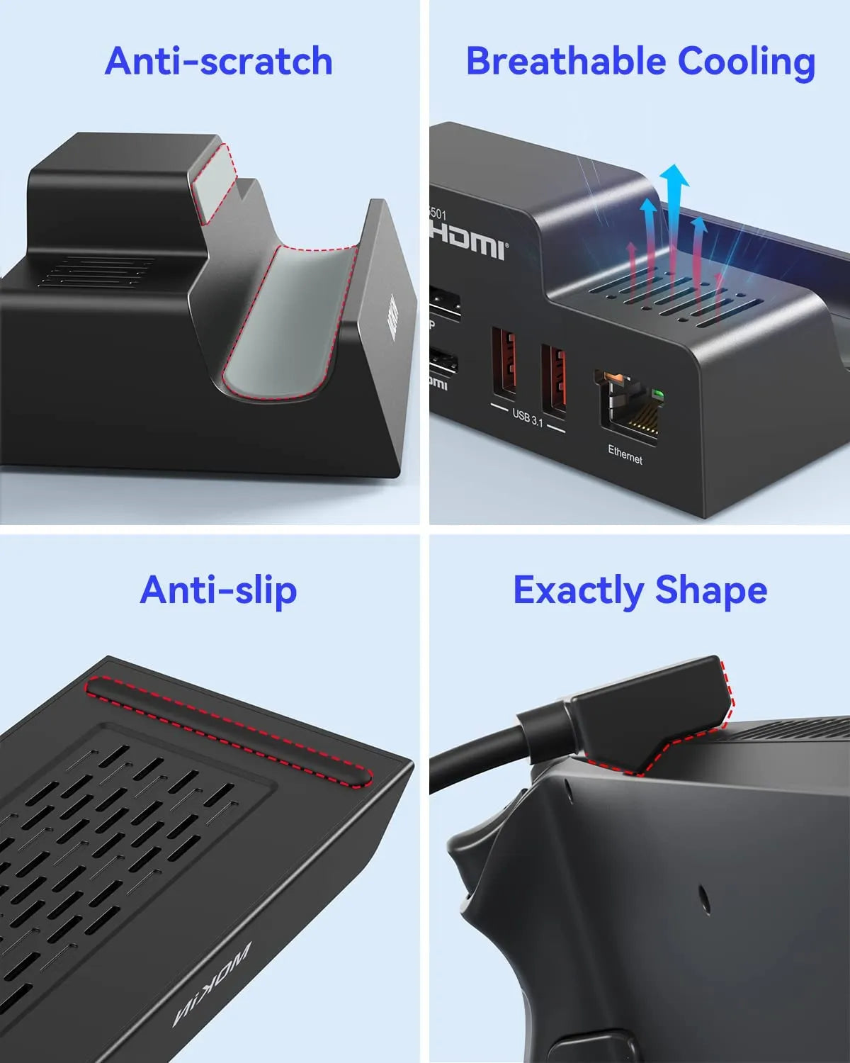 MOKiN 7-in-1 dual monitor docking station for Steam Deck and ROG Ally, black compact stand with multiple ports