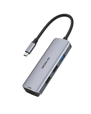 MOKIN USB C docking station space gray aluminum design with USB-C cable attached