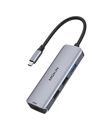 MOKIN USB C docking station space gray aluminum design with USB-C cable attached