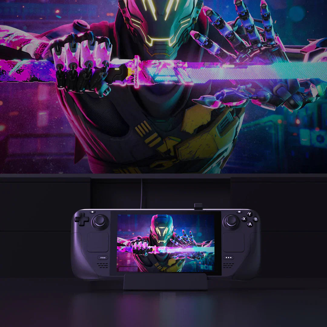 Futuristic gaming setup with advanced docking station and vibrant display.