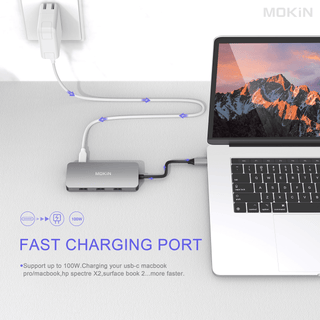 MOKiN USB-C charging hub with fast charging port supporting up to 100W PD charging for MacBook, HP Spectre, and Surface Book via wall adapter