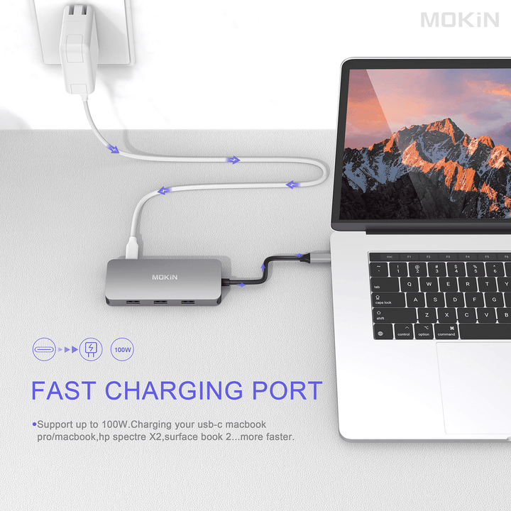 MOKiN USB-C charging hub with fast charging port supporting up to 100W PD charging for MacBook, HP Spectre, and Surface Book via wall adapter