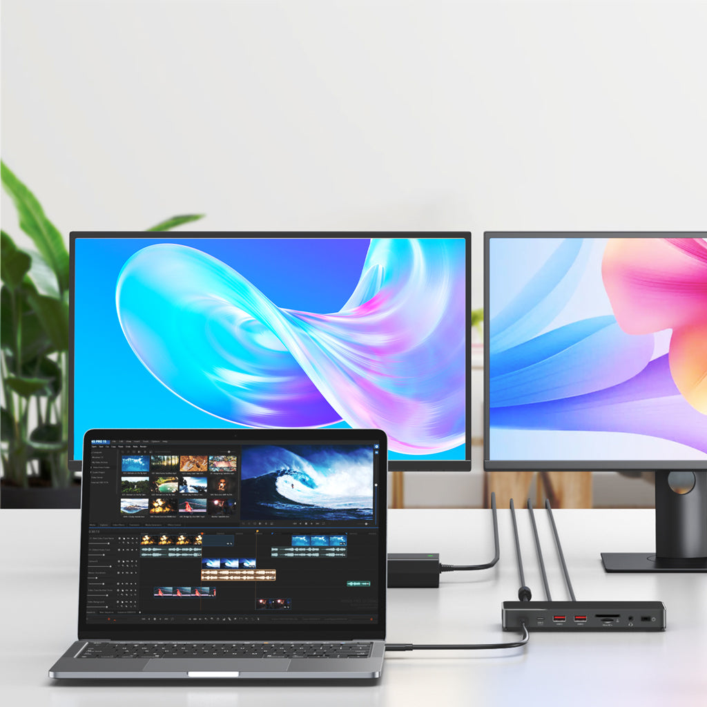 Laptop running video editing software connected to a multi-port USB-C docking station, extending content to two external HD monitors for smooth dual-screen multitasking, ideal for home office work, content creation and boosted work productivity.
