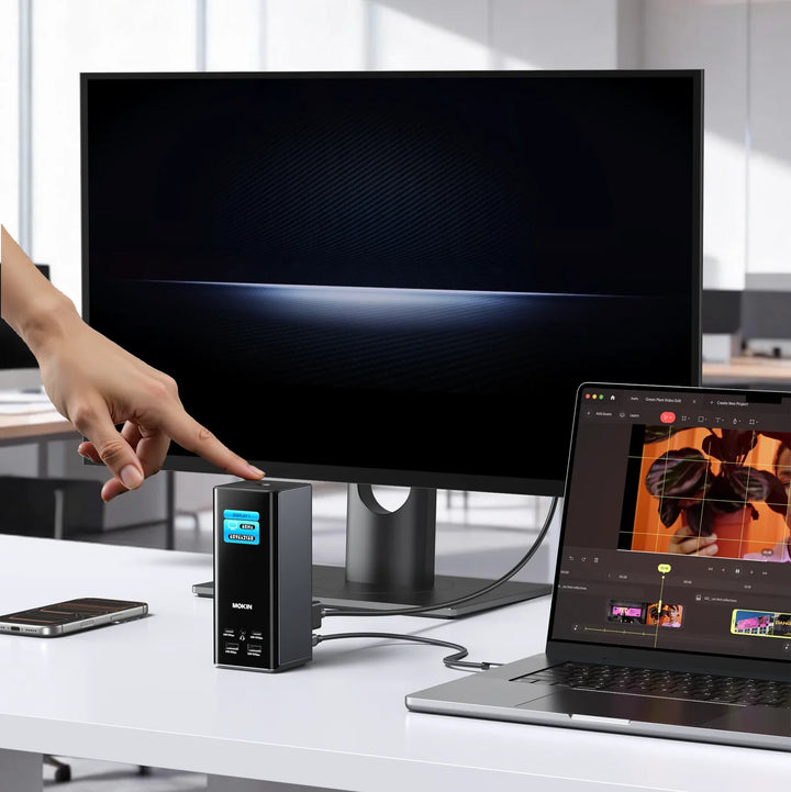 A workspace setup with a laptop, TV, and a USB-C docking station.