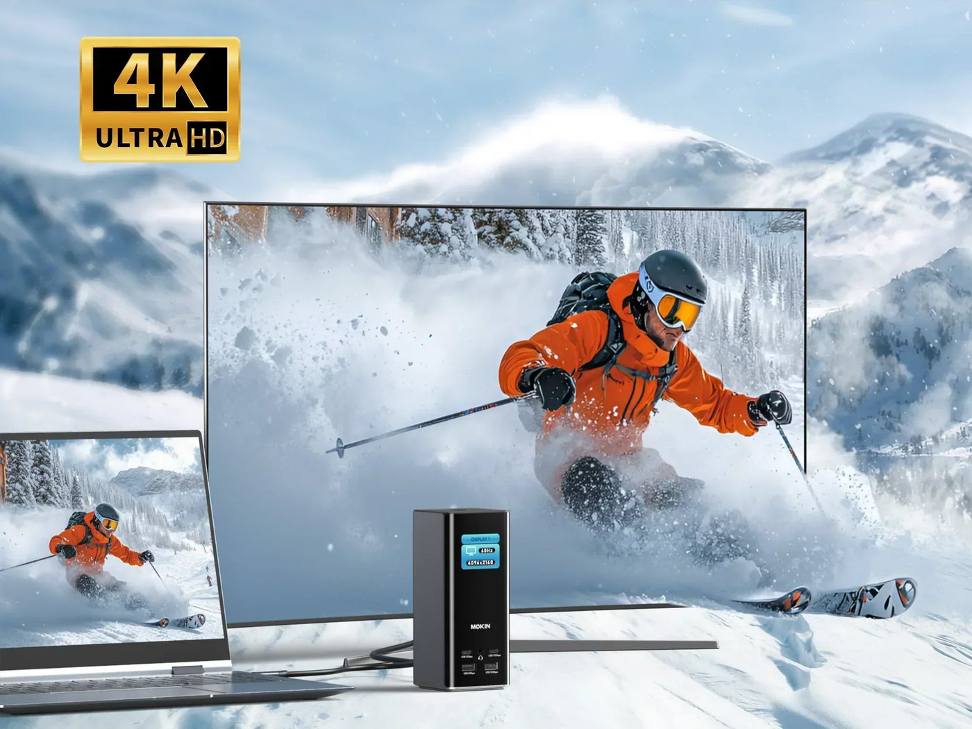 A laptop and a large monitor both display a skier in orange gear. A black vertical hub is in the foreground with a "4K ULTRA HD" badge in the corner.