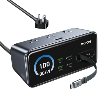 Mokin 8-in-1 100W GaN charging station featuring a smart digital power display, retractable cable, and multiple USB-C/AC ports.