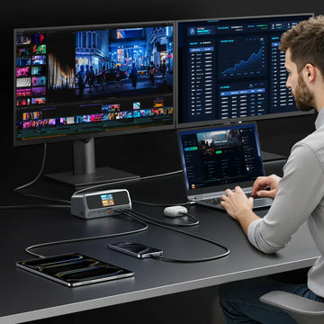 Professional dual-monitor workstation setup using the Mokin 13-in-1 docking station to connect a laptop, tablet, phone, and wireless earbuds simultaneously.