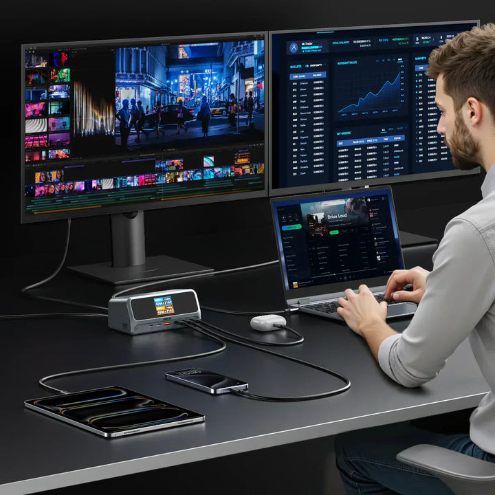 Professional dual-monitor workstation setup using the Mokin 13-in-1 docking station to connect a laptop, tablet, phone, and wireless earbuds simultaneously.