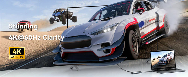 USB-C hub promotional banner highlighting stunning 4K at 60Hz clarity, featuring a racing car and off-road truck on a large display