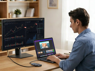 A man works at a wooden desk using a laptop connected to a large external monitor via a USB-C hub, displaying data charts and video editing software.