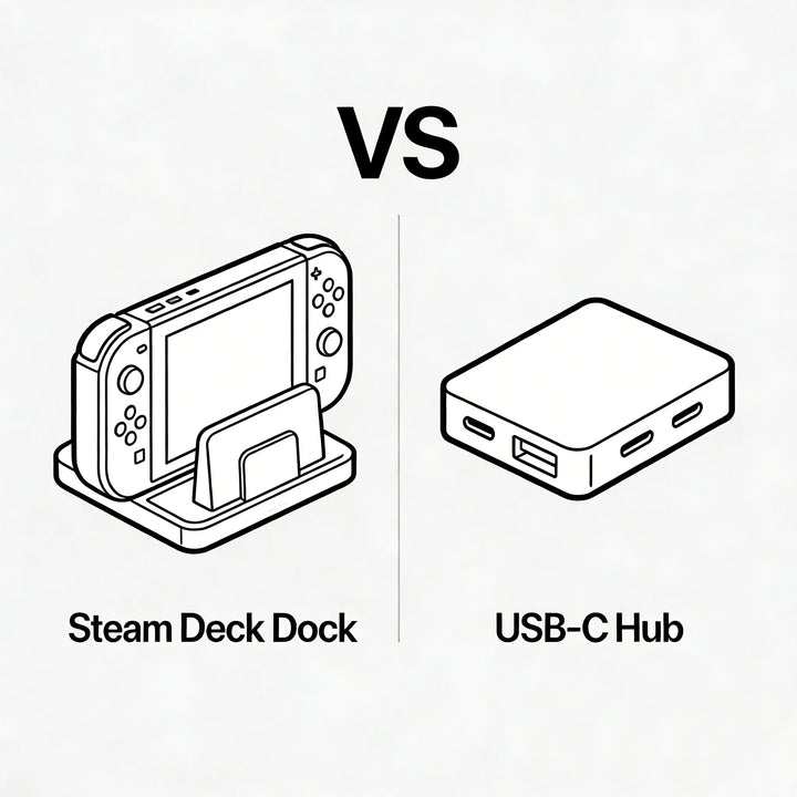 This image compares a Steam Deck Dock Station and a USB-C Hub, highlighting their key differences in terms of best use cases, device support, cable style, and display support.