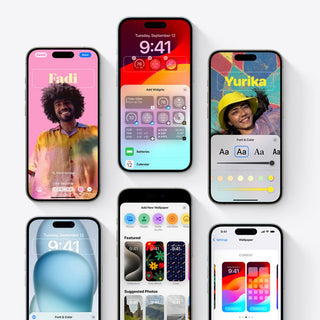 Multiple iPhones displaying iOS lock screen and wallpaper customization features, including personalized photo-based lock screens, custom text styling, color adjustment tools, and wallpaper selection interfaces.