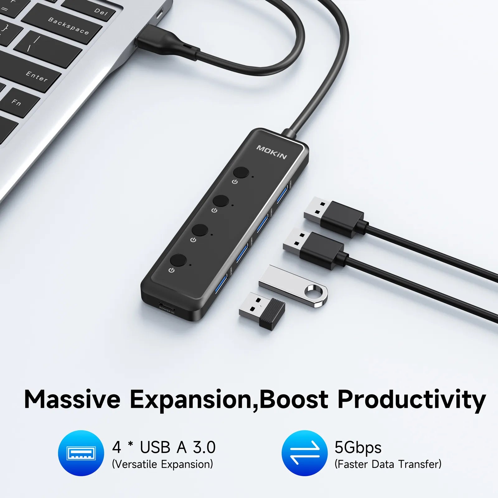 MOKiN 5-port slim USB 3.0 hub with silver aluminum body and fast data transfer