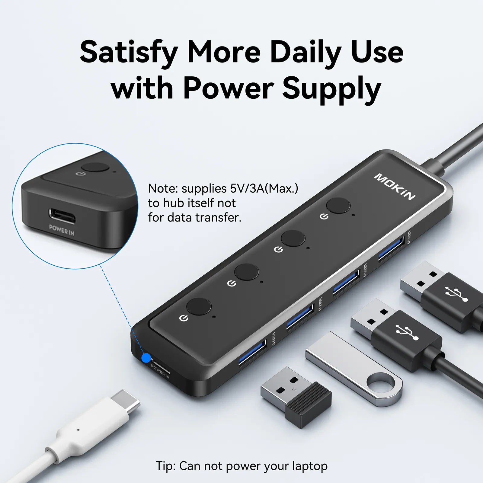MOKiN 5-Port USB 3.0 hub with slim aluminum body and multiple USB ports