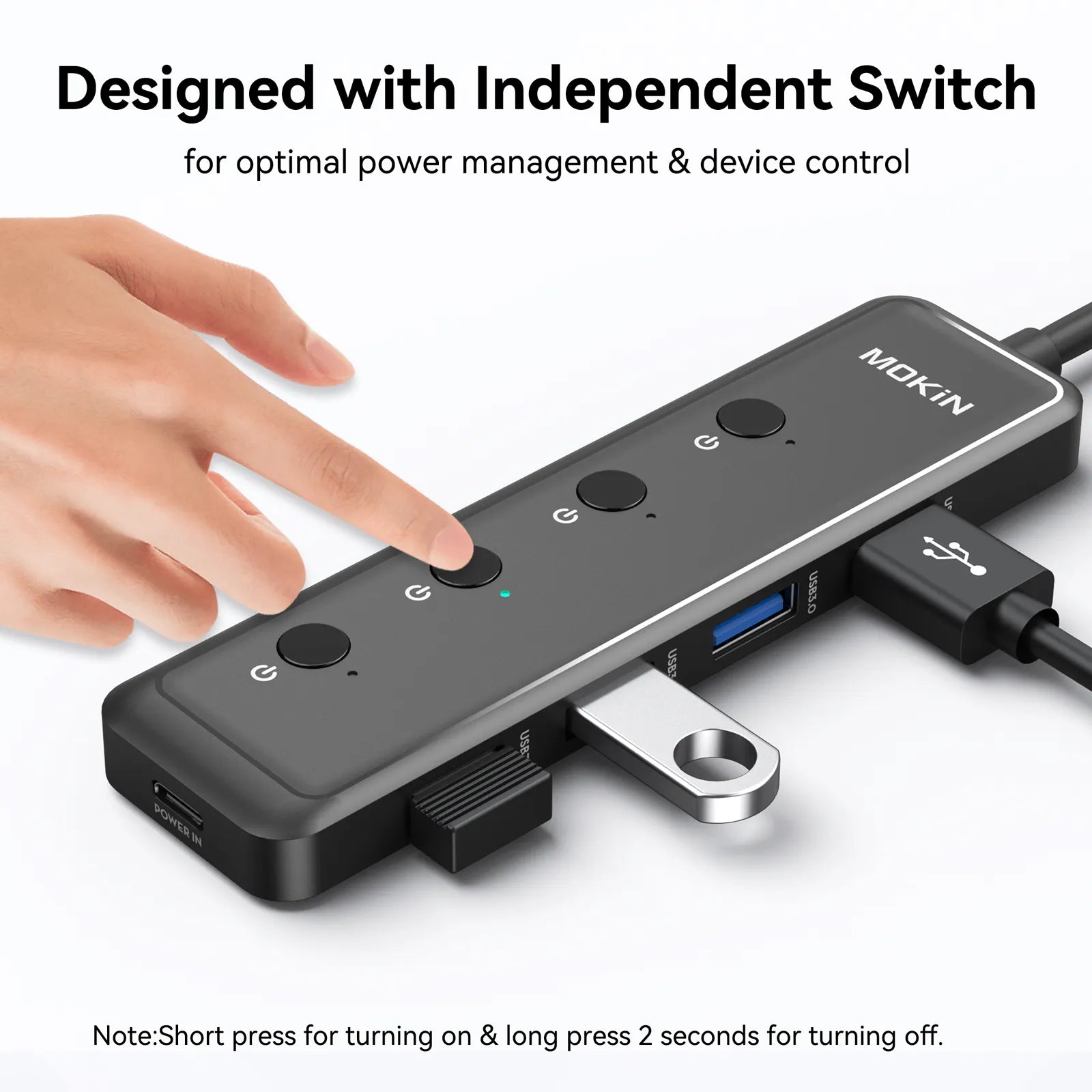 Slim white 5-port USB 3.0 hub with blue ports and attached cable for high-speed data transfer