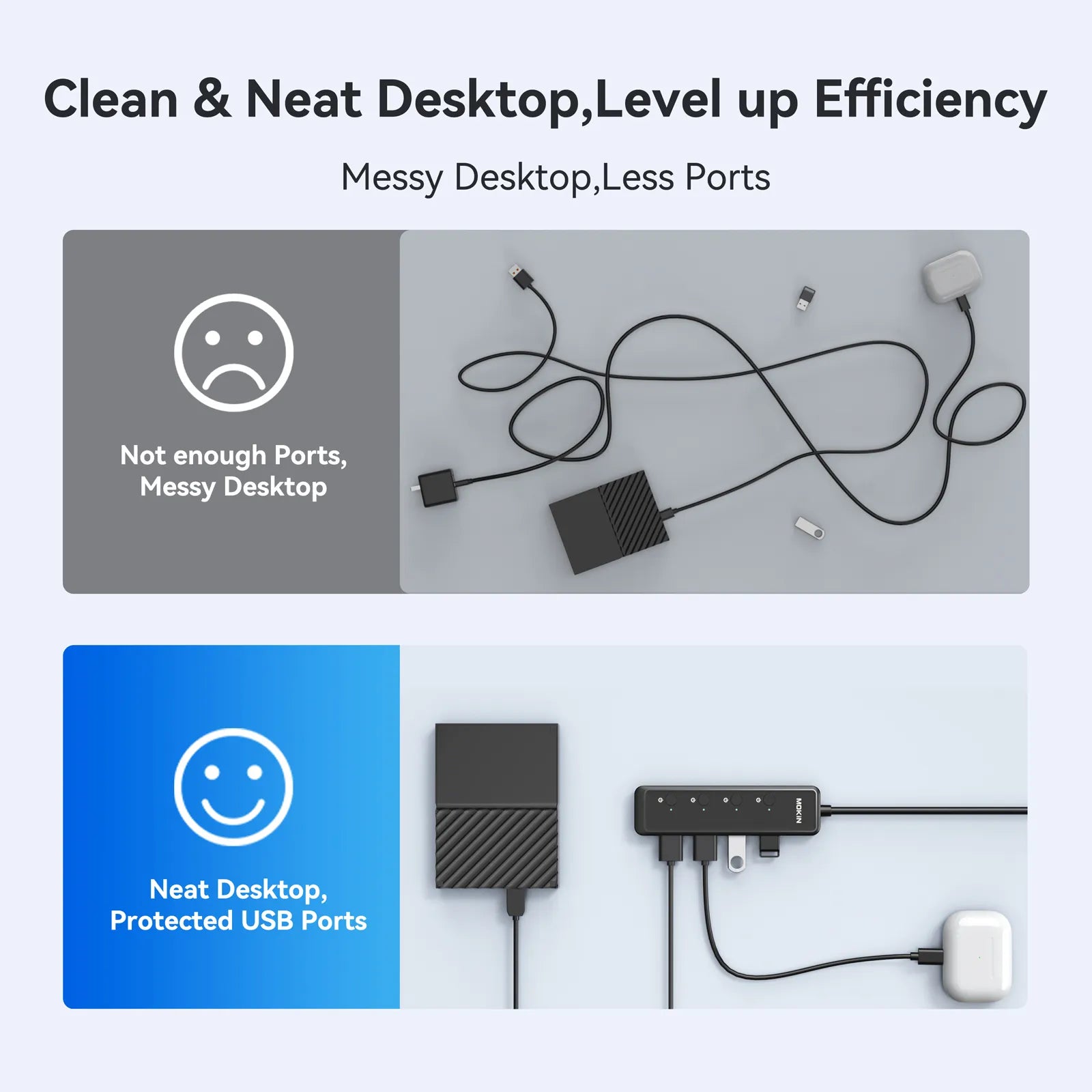 MOKiN 5-Port USB 3.0 hub slim black aluminum design with five blue data ports
