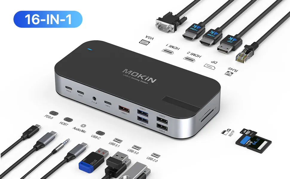 16-IN-1 Docking Station Ports & Functions